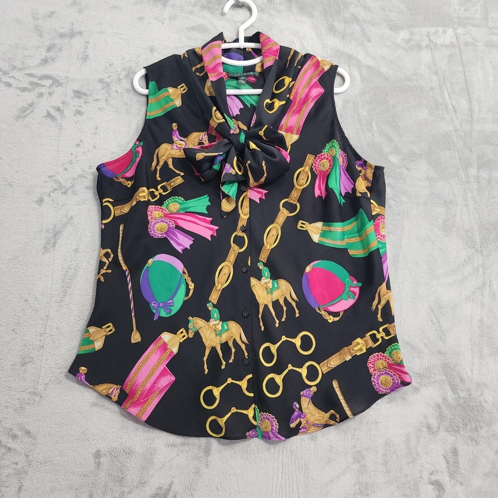 Vintage Lauren Ralph Lauren Top Womens 16 Black Equestrian Horse Print Bow Neck